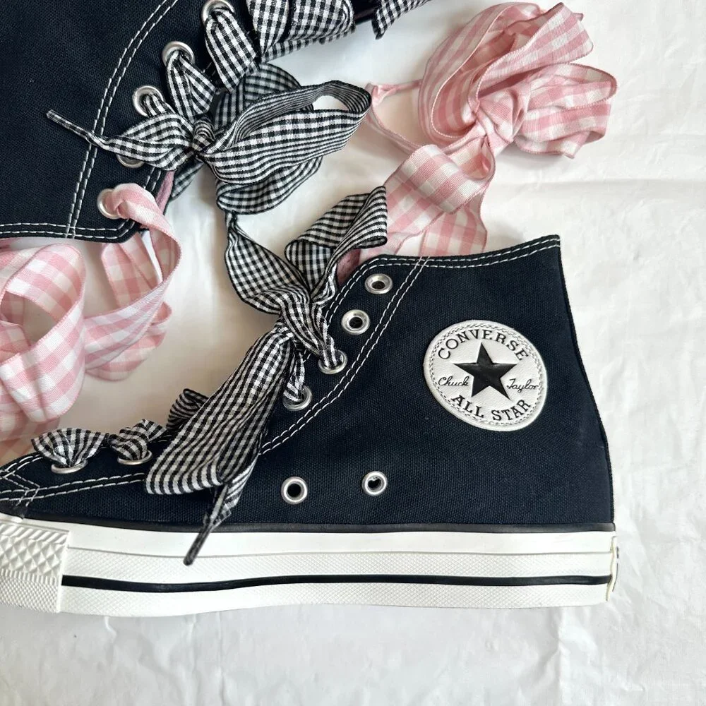 NEW Converse Women Shoes 8.5 Casual Black with Barbie PINK High Top Sneakers - Picture 3 of 9